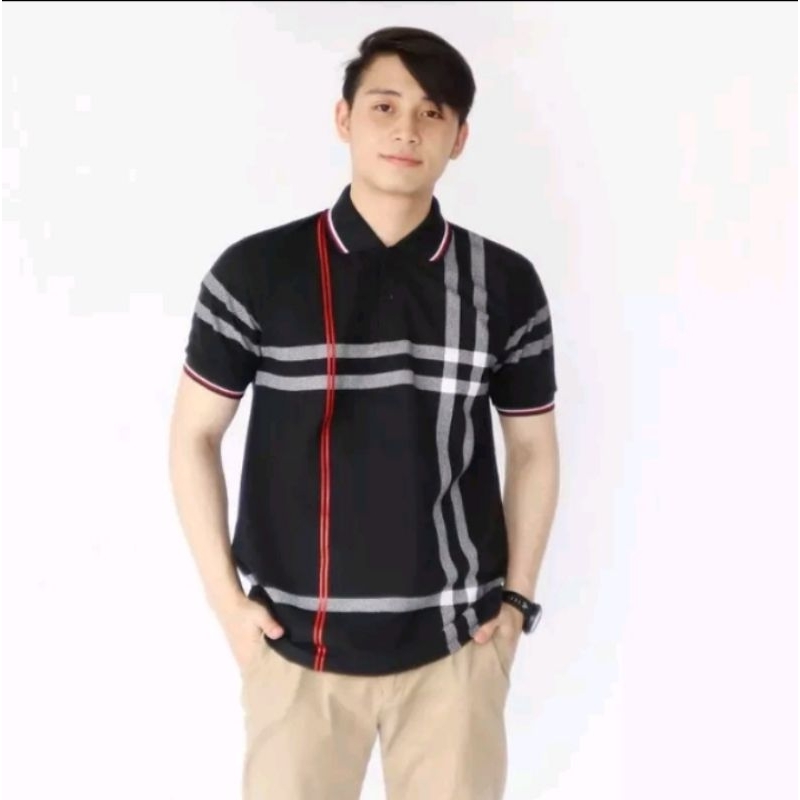 Kaos polo pria kerah garis2 kotak print