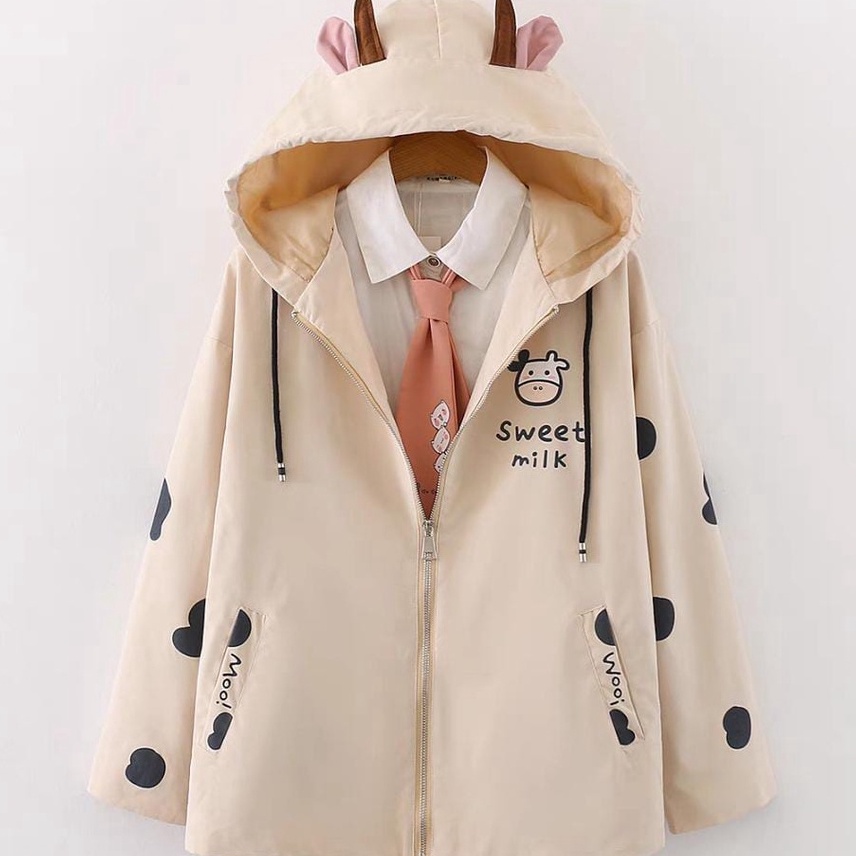 Sale SWEET MILK COW ZIPPER JACKET HOODIE TOPI TELINGA LUCU PH