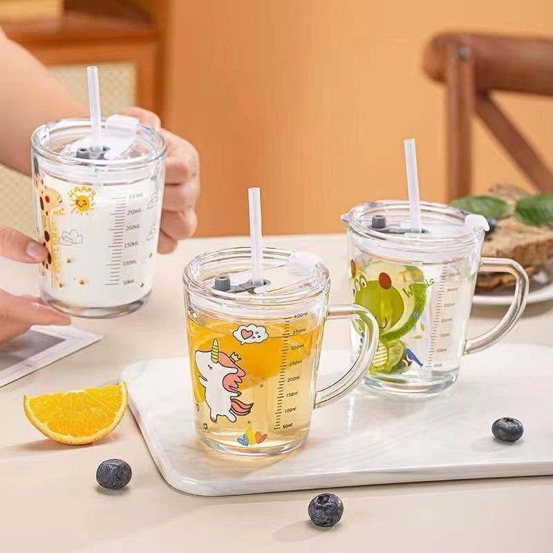 Gelas Minum Kaca Anak Motif Animal 400ML + Sedotan /Gelas Susu botol /Gelas Cangkir Kaca /