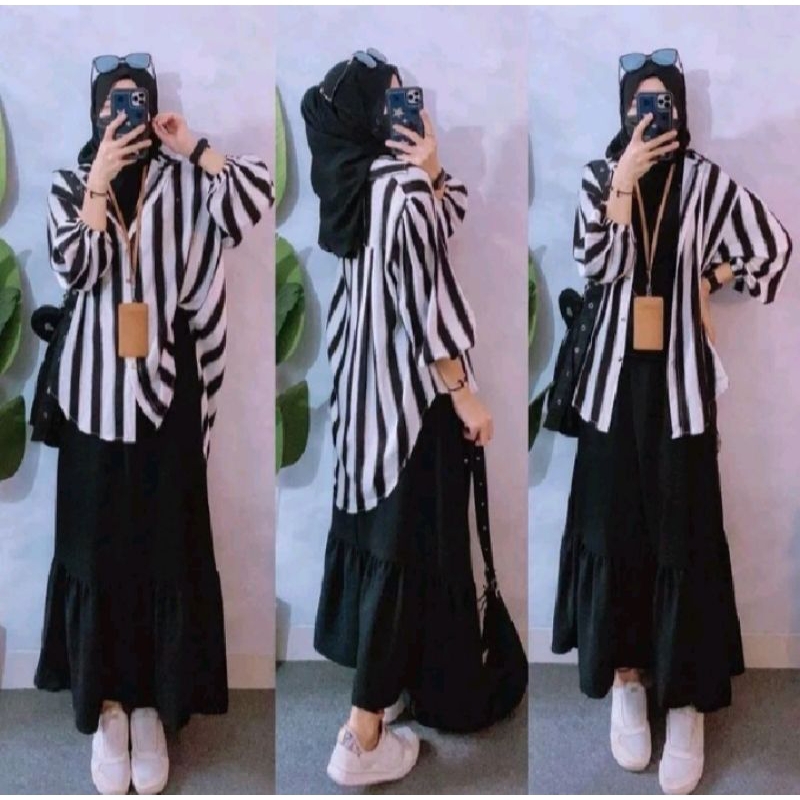 KEMEJA STRIPE + ROK//ONE SET ROK CRINKLE AIRFLOW//SETELAN WANITA CRINKLE AIRFLOW//SET WANITA PREMIUM