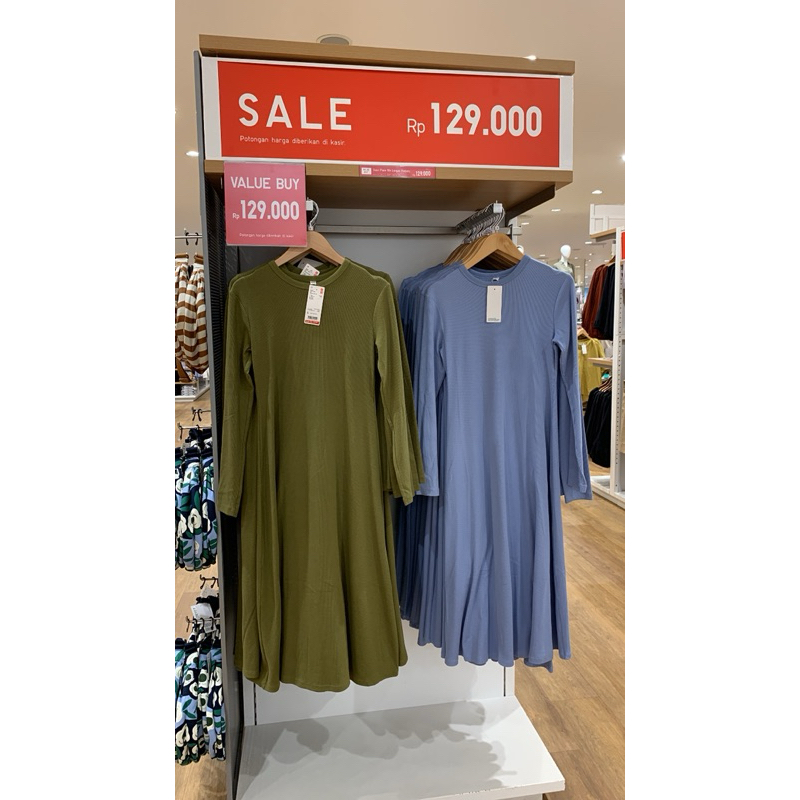 Uniqlo dress flare rib lengan panjang sale
