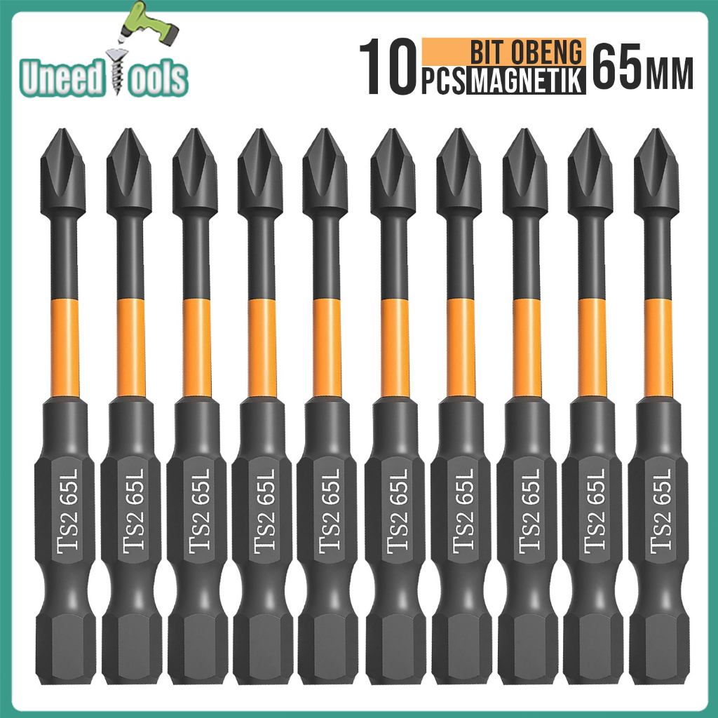 Uneedtools 10Pcs Mata Bor Obeng Magnetik Set Kepala Mata Obeng Set Baja 1/4 Inci Bit 65Mm Set