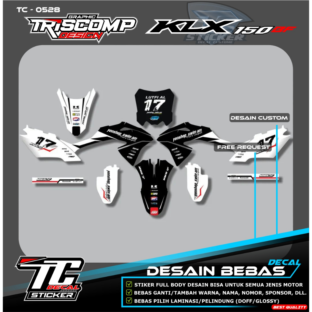 Decal Motor KLX BF 150 bisa reques Motif simpel hitam putih Sticker Striping KLX Bf Fullbody terbaru