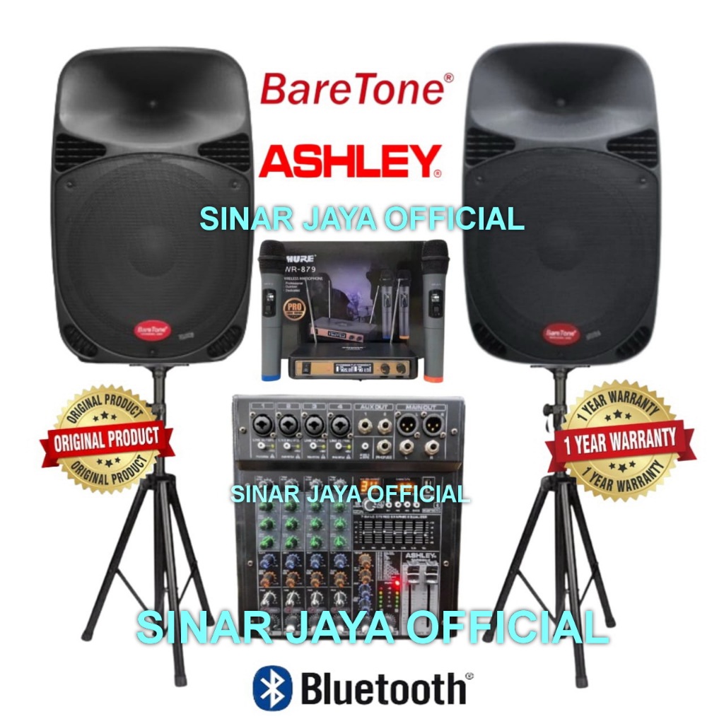 Paket speaker Aktif Pasif baretone 15 inch ashley mixer sound system 4 channel