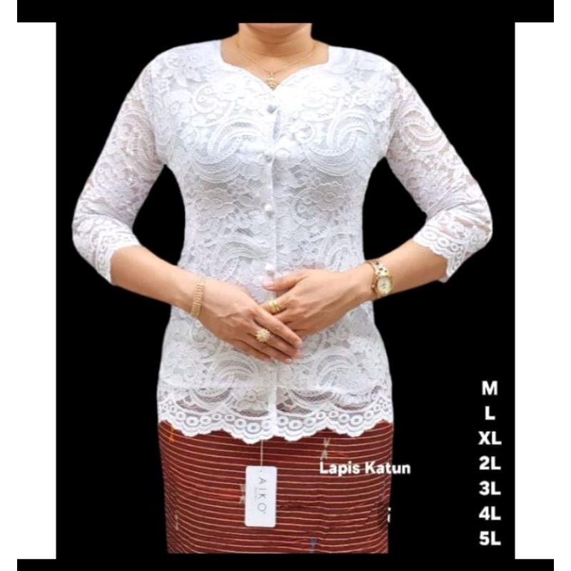 Blus renda khusus Hitam dan putih lapis katun, kancing depan bungkus UK kecil stndrt dan jumbo