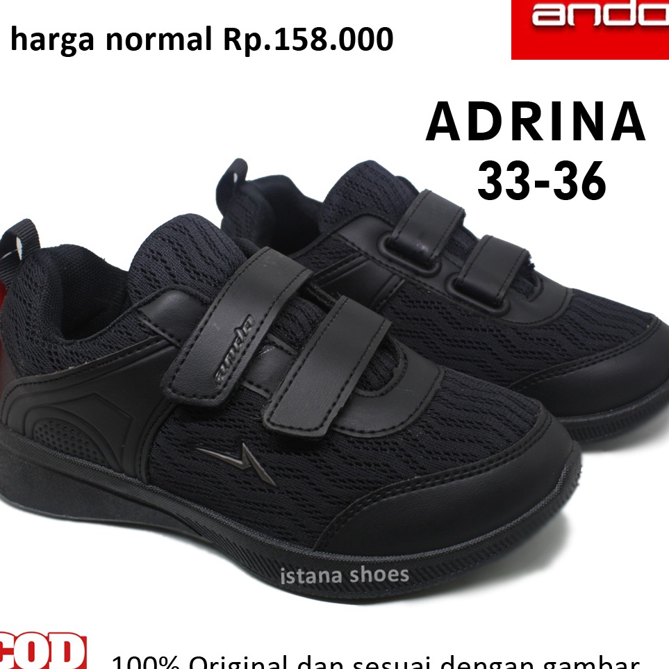 KODE W3Q3 Sepatu Sekolah Anak Perempuan Laki laki PAUD TK SD Full Black ANDO Adrina Original Sneaker