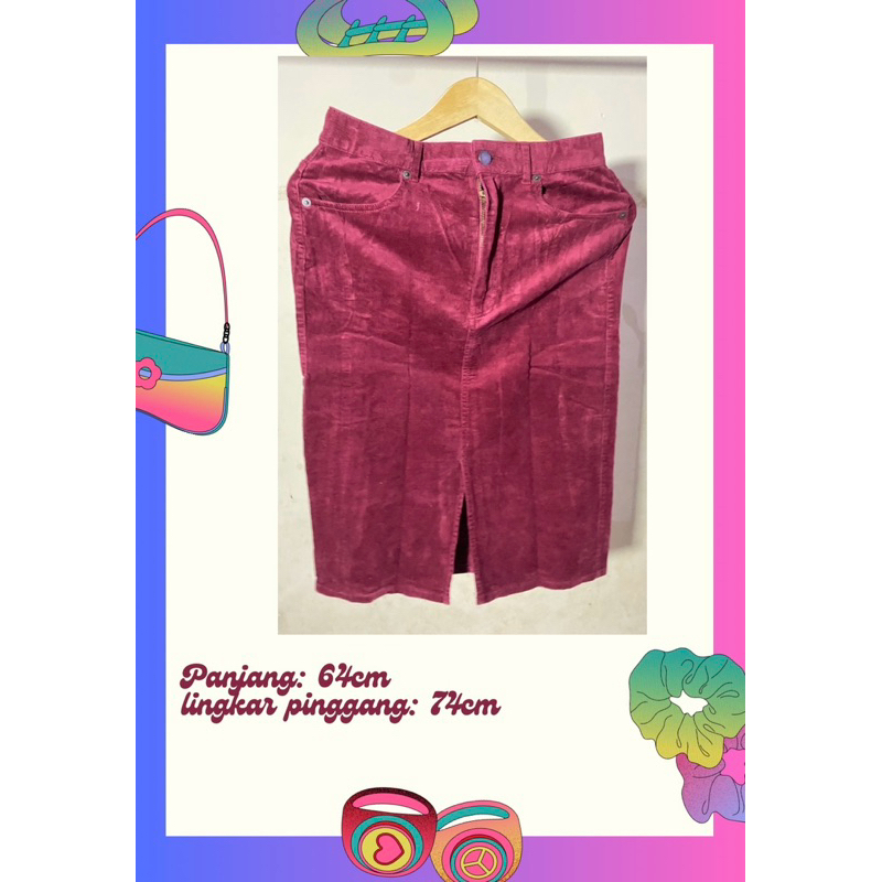 Rok wanita midi corduroy warna merah Rok vintage rok jadul