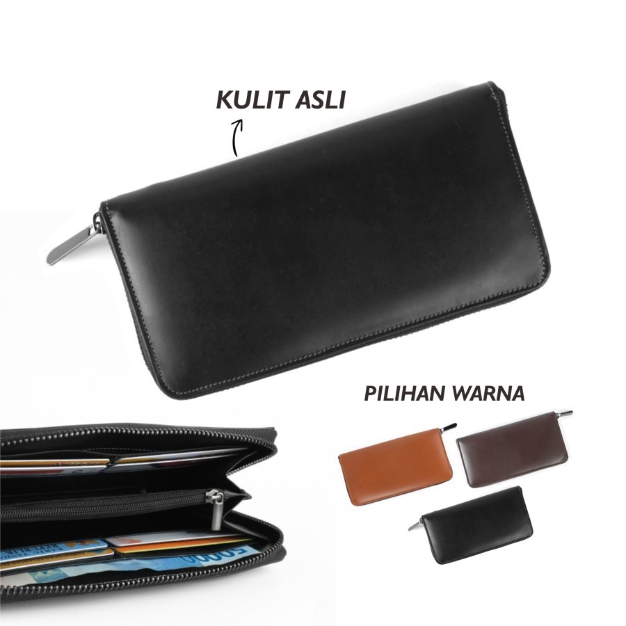 Dompet kulit asli panjang resleting pria wanita muat banyak