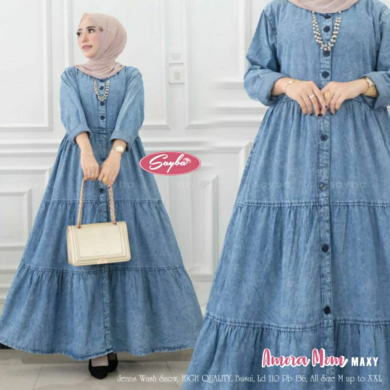 Amora Dress Maxy Gamis Polos Jeans Snow Susun Rempel Ld 110 Jumbo Fit XXL Busui Kancing Aktif By Say