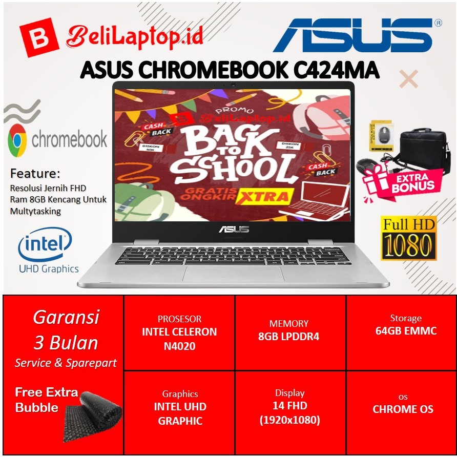Laptop Sekolah Asus Chromebook C424MA RAM Besar 14.Inc Full Hd