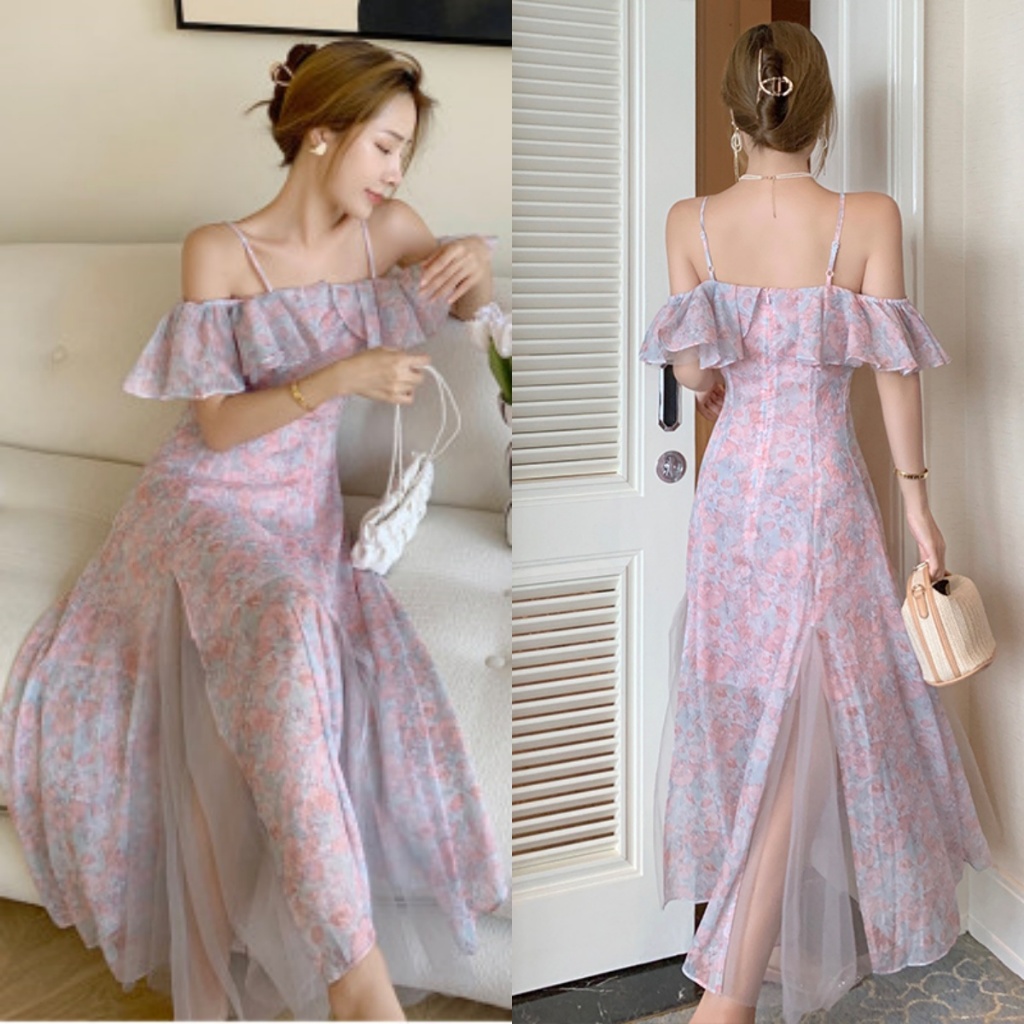 Gaun pink summer dress big size party dress women manis floral Gaun terbuka  modis  sexy big size pr