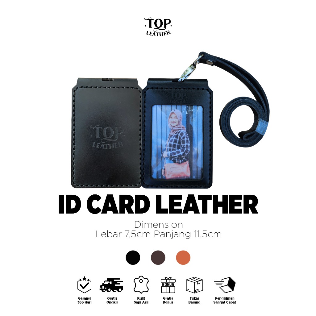 

TOP LEATHER - ID Card Holder Name Tag Pria Wanita Bahan Kulit Sapi Asli 100% Original Premium