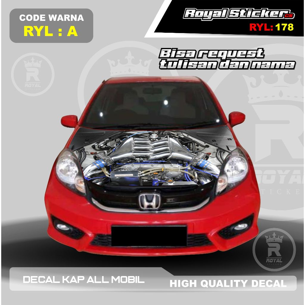RYL178-STICKER KAP MOBIL JAZZ BRIO SIAP PAKAI GRATIS CUSTOM NAMA-STIKER KAP MESIN DEPAN