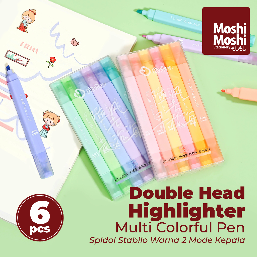 

6 PCS Double Head Highlighter Multi Colourful Pen Marker 2 Mode Pena Spidol Stabilo Penanda Tulisan Warna Cerah