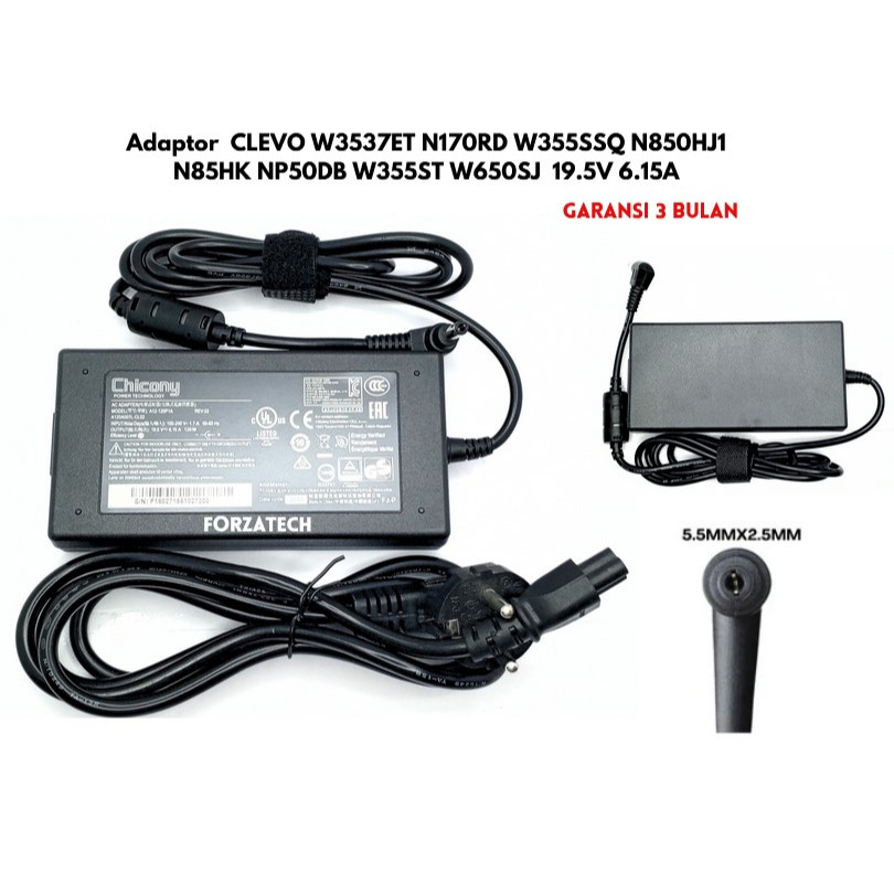 Adaptor  CLEVO W3537ET N170RD W355SSQ N850HJ1 N85HK NP50DB W355ST W650SJ  19.5V 6.15A NEW Bergaransi