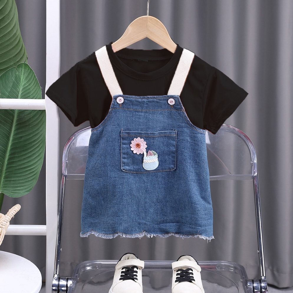 KODE N19I anak bayi setelan merah perempuan baju kodok jins anak perempuan baju kodok 2in1 rok jins 