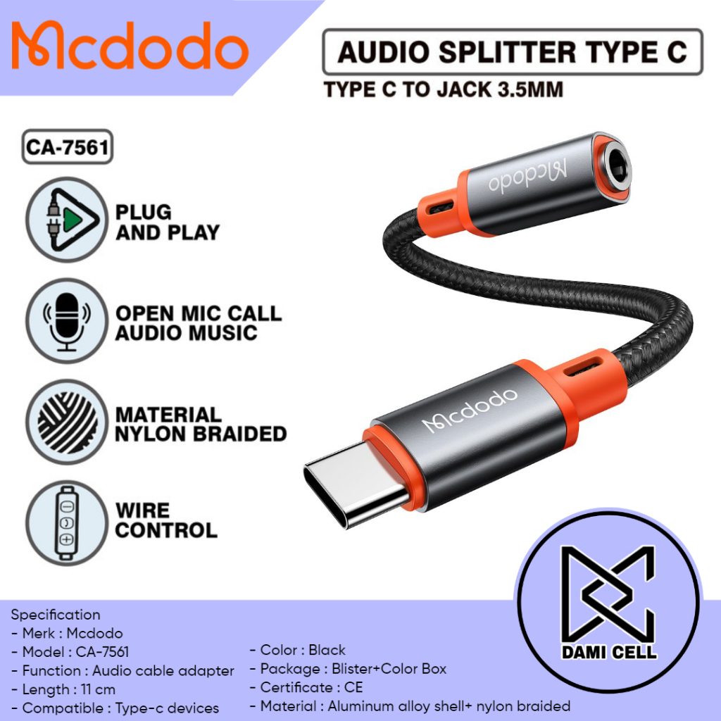 Splitter Headset Converter Type C to 3.5mm Adapter Audio DAC Original Mcdodo CA-7561