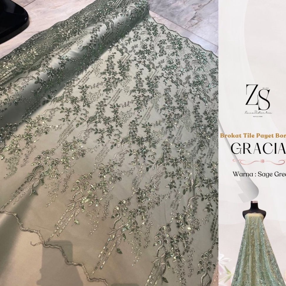 KODE K75N Kain Bahan Kebaya Mewah Brokat Brukat Tile Bordir Payet Gracia Warna Hijau Sage Green