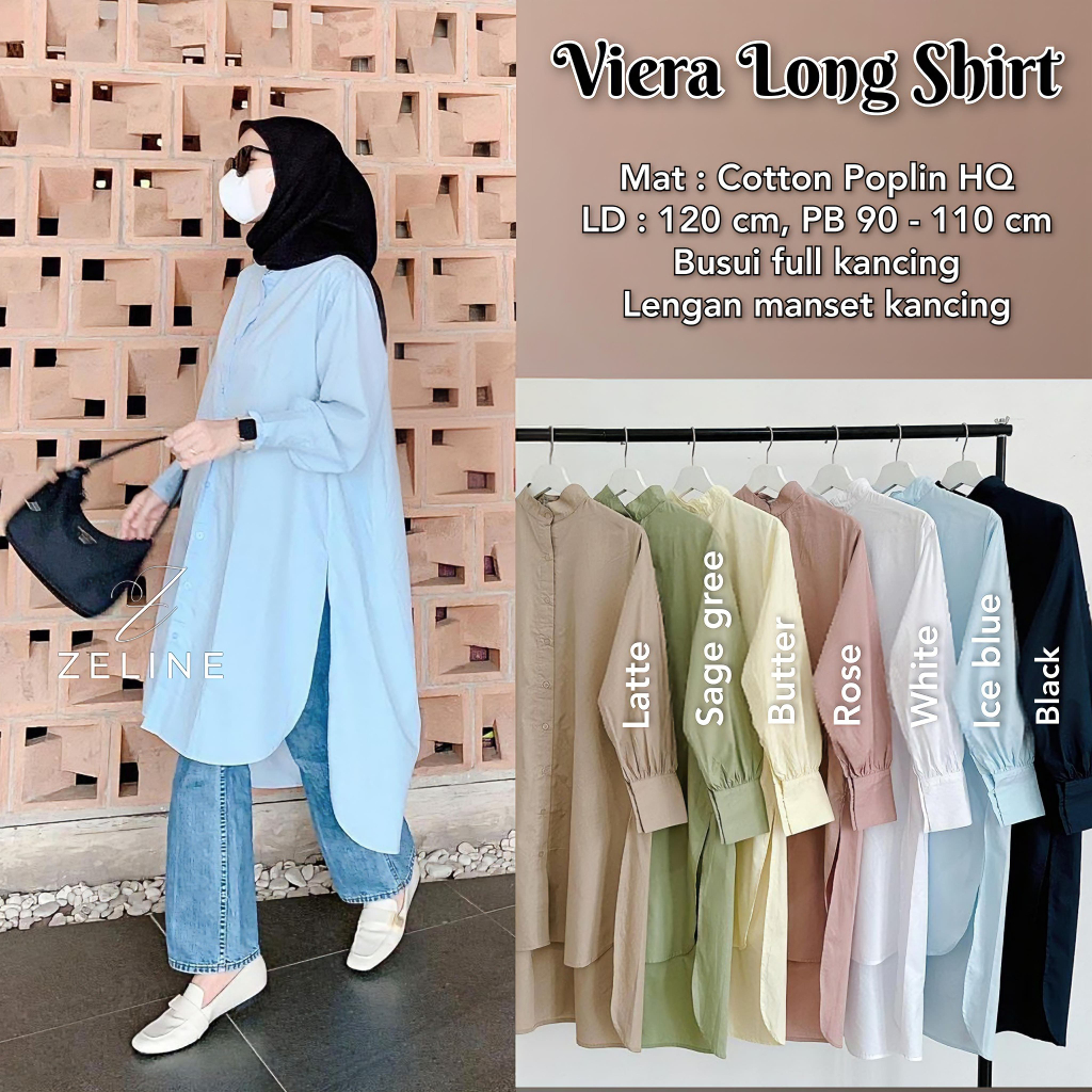 Viera Long Shirt By Zeline-Kemeja Long Tunik Jumbo LD 120 Busui-Tunik Katun Poplin Oversize-Tunik Wa