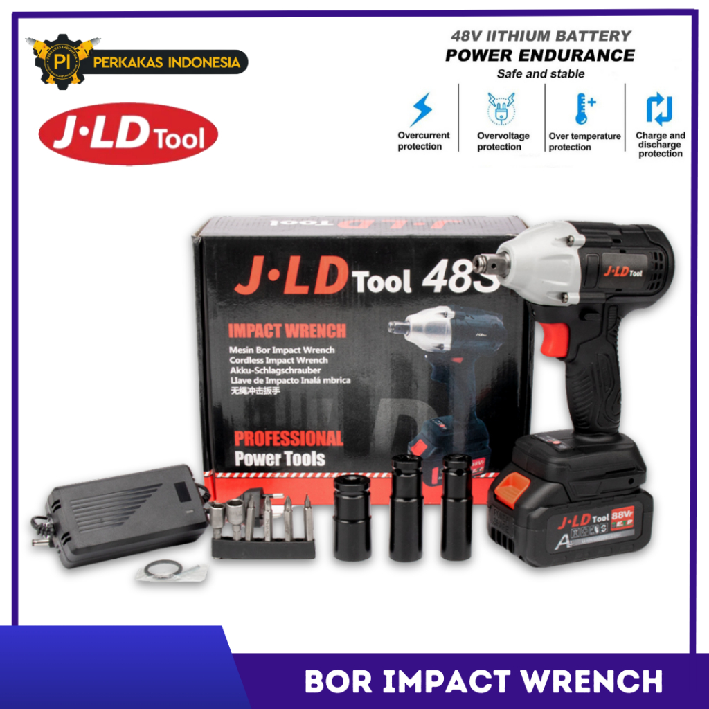 Cordless Impact Wrench JLD TOOL 48S SET Brushless Mesin Bor Baut Sock Portable Baterai 330Nm LED Sok