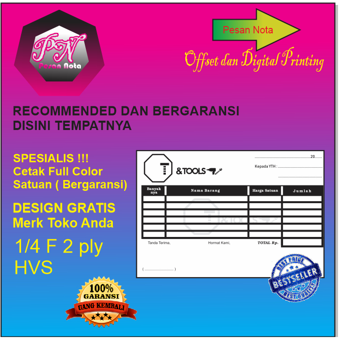

Cetak nota 1/4 F 2 Ply HVS custom 1 warna