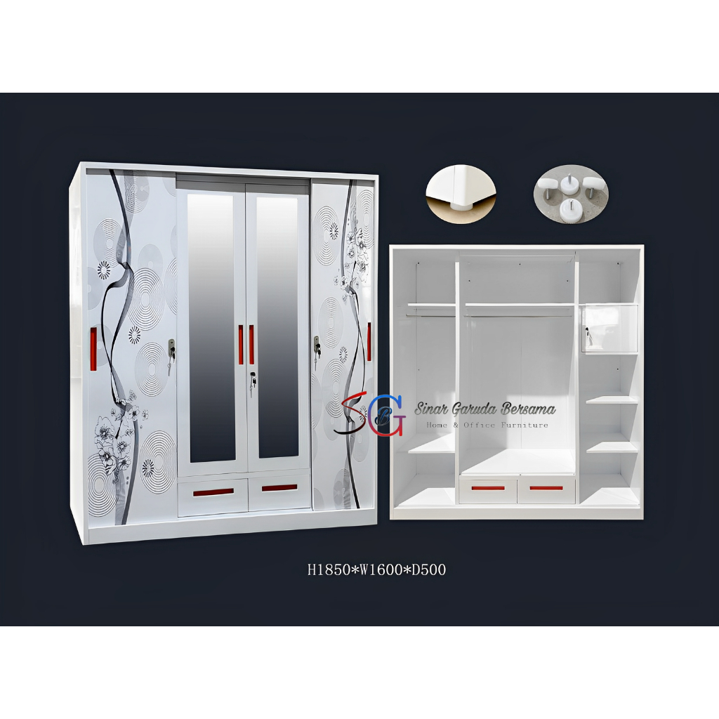 LEMARI PAKAIAN 4 PINTU PLAT BESI SLIDING DAN SWING / LEMARI BAJU 4 PINTU + KACA PANJANG BAHAN BESI +