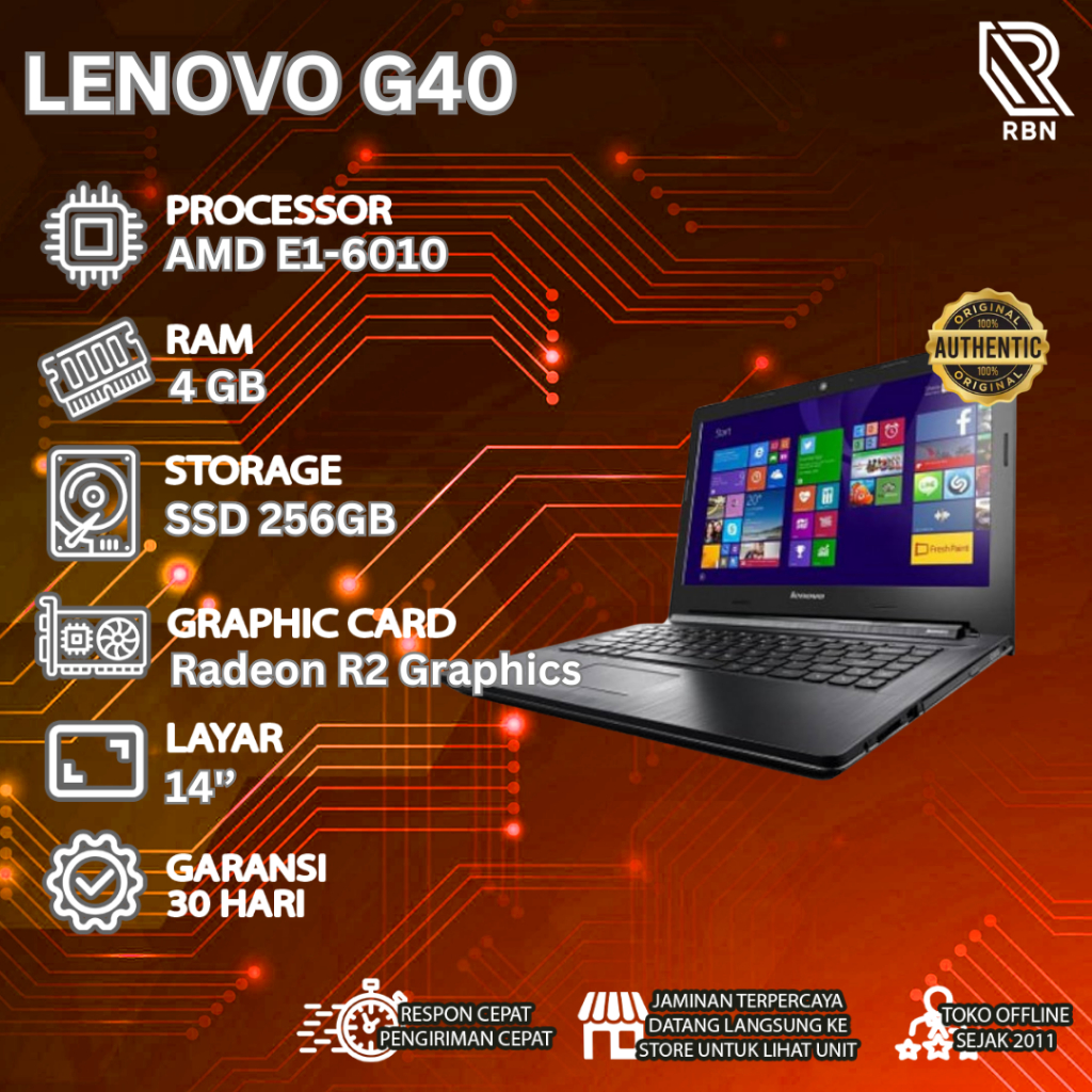 LAPTOP Notebook LENOVO G40 AMD E1-6010 RAM 4GB SSD 256GB Second ORIGINAL