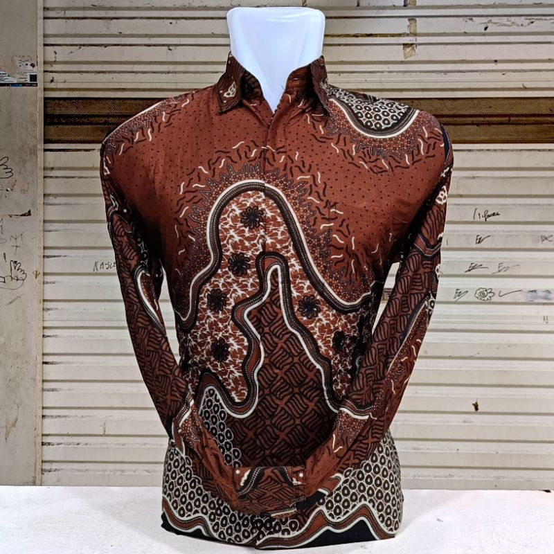 Baju Batik Pria Lengan Panjang Fatih Bahan Katun Reguler KM7157 Baju Batik Cowok Coklat Bata Seragam
