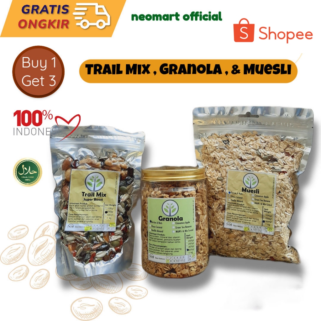 

Trio Praktis! Granola 500gram+Muesli 500 gram+Trail Mix 250 gram. Paket Hemat. Paket Sarapan Sehat. Paket Diet