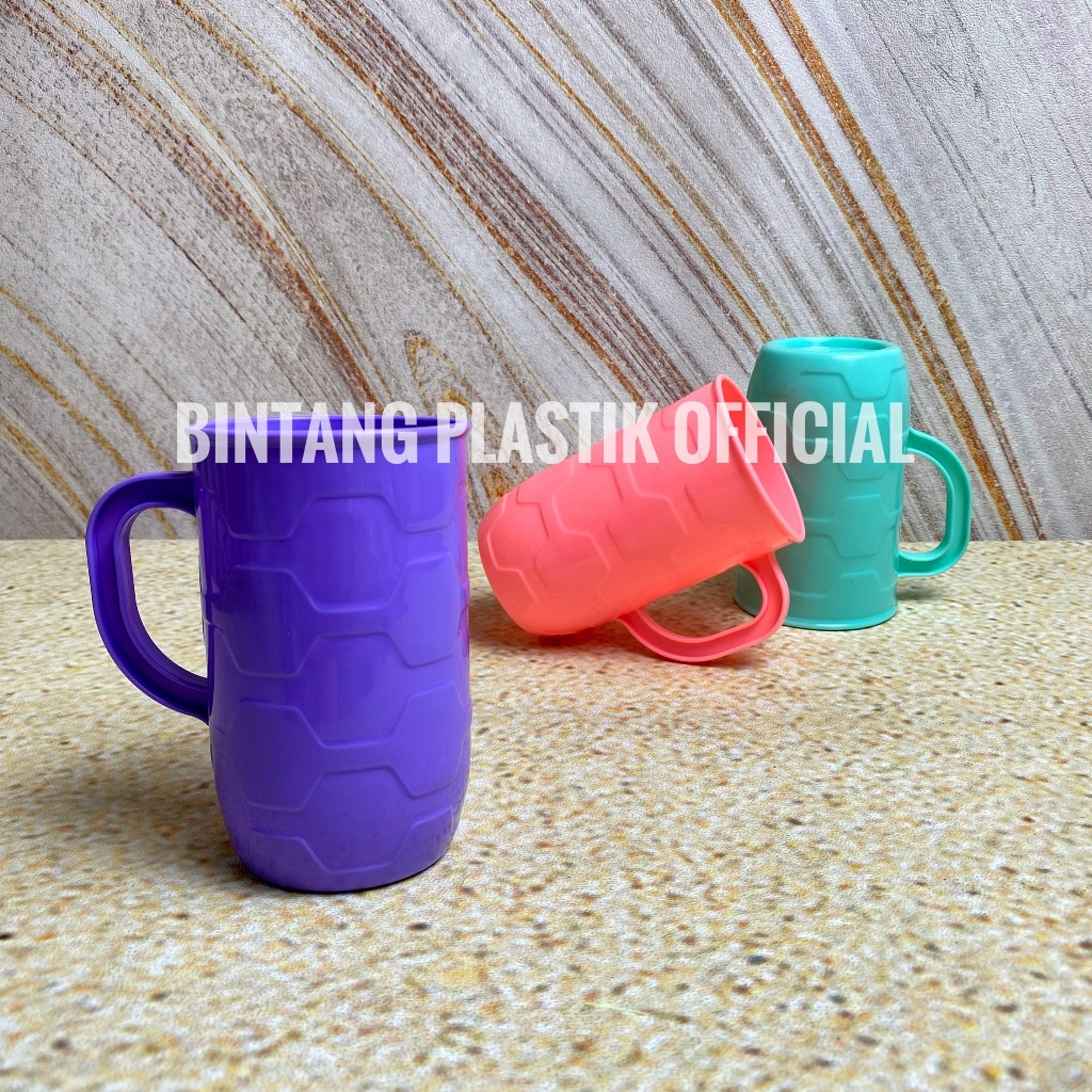 (1 LUSIN) CANGKIR JACOB STAR BESAR 500ML | GELAS MINUM DENGAN GAGANG WARNA WARNI BAHAN PLASTIK TEBAL