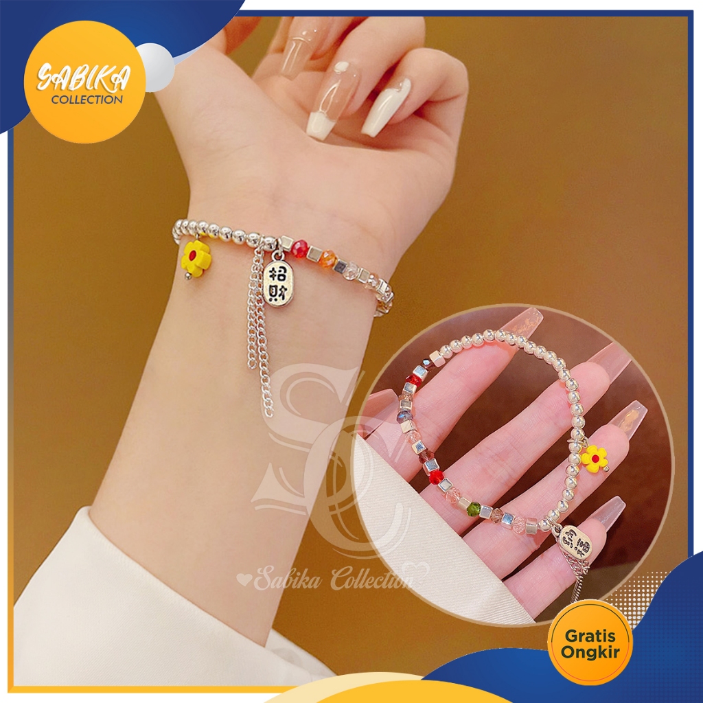 Gelang Vintage Flower Korea Fashion Galang Titanium Manik Mutiara Warna-warni Anti Karat