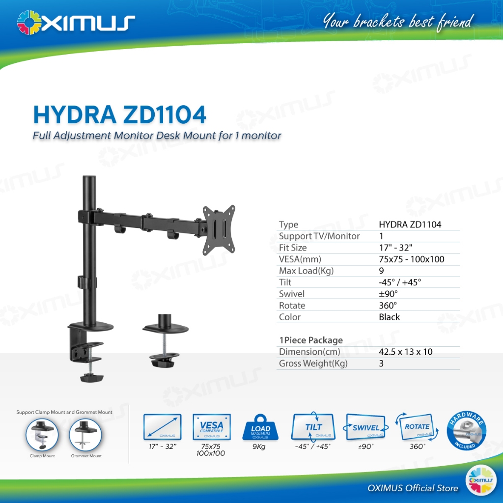 BRACKET MEJA LCD LED TV 1 Monitor 13 - 27 Inch OXIMUS HYDRA ZD1104