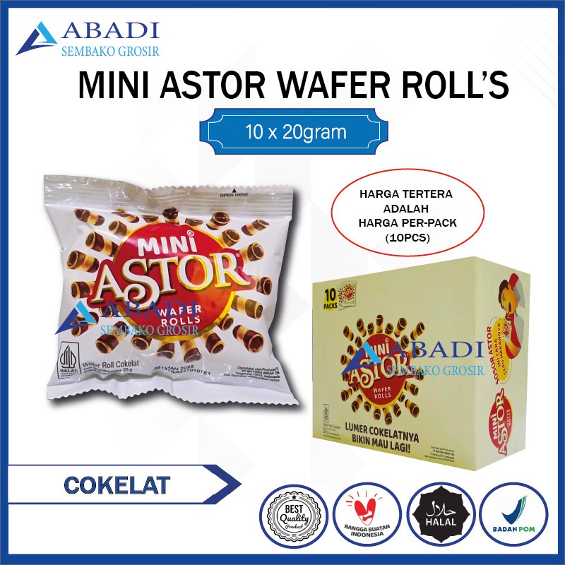 

Mini Astor Wafer Roll's - Cokelat Roll 20 gram 1 box 1 Pack