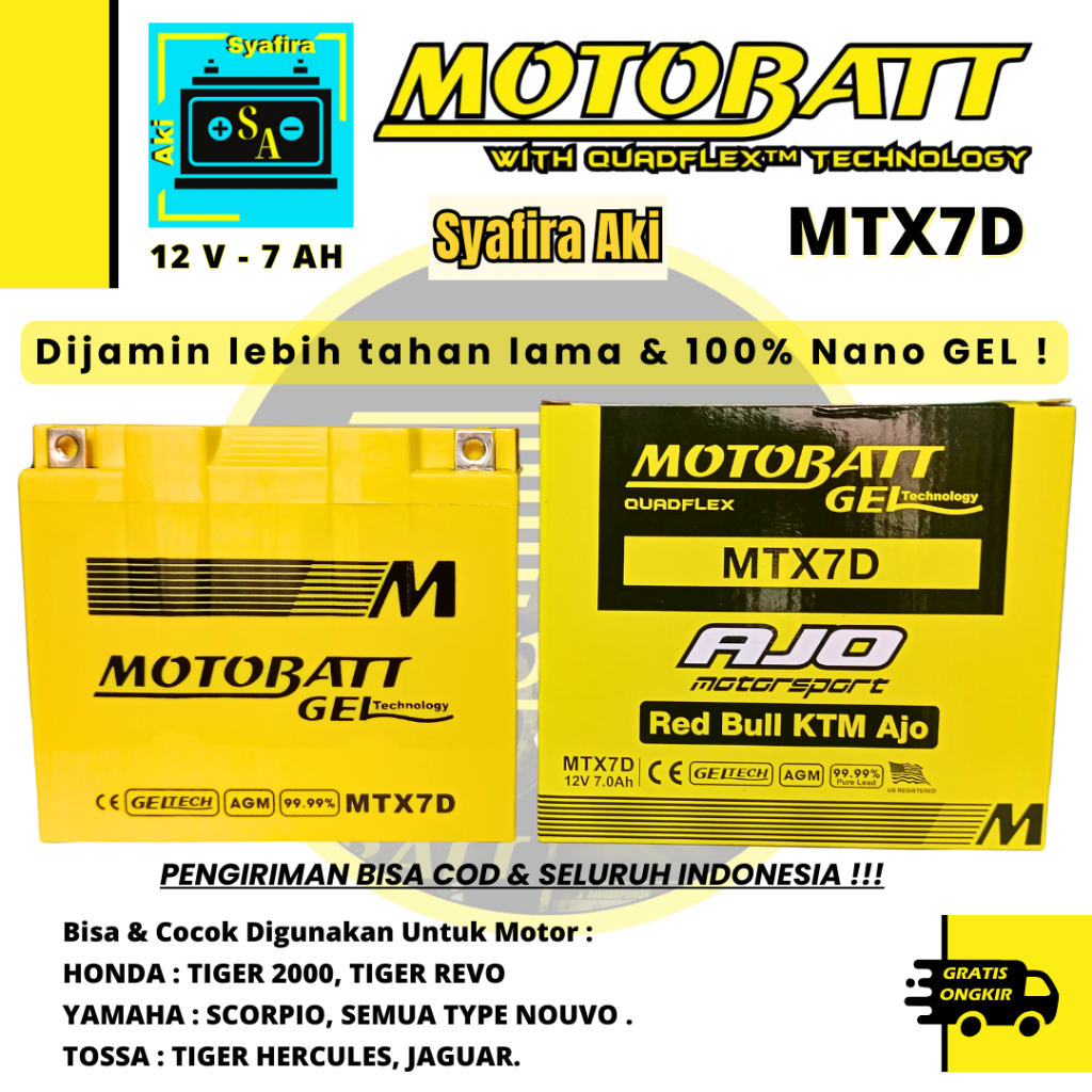 Aki Motor Honda Tiger -Revo Tiger Motobatt MTX7D Aki Gel-Aki Kering 7Ah