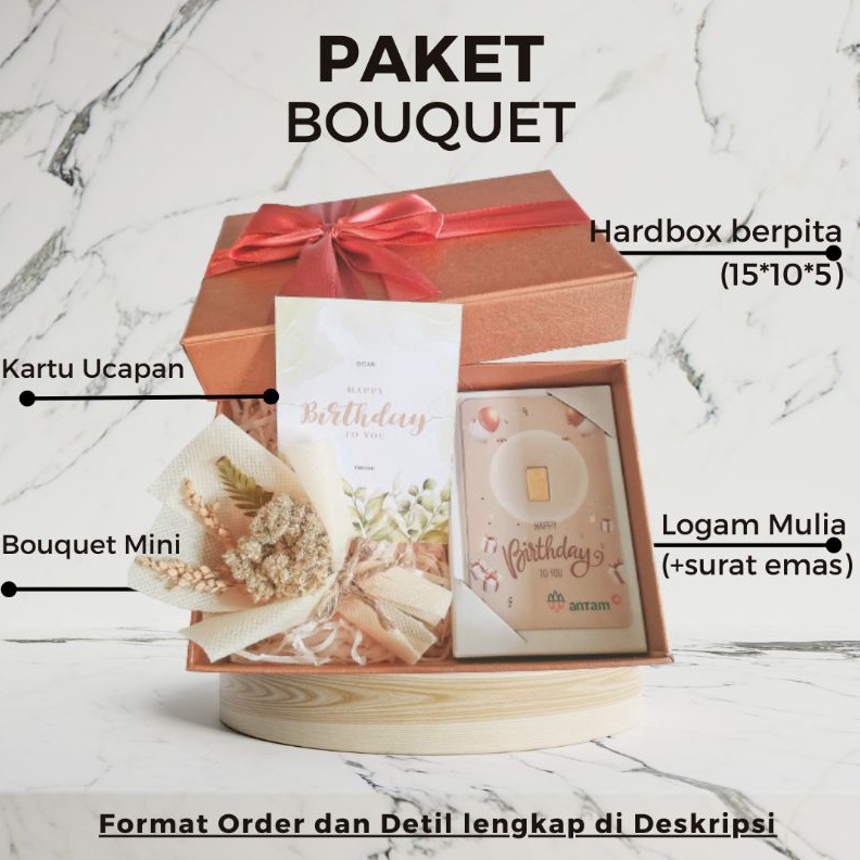 KODE Y2P2 Paket Hampers 1 gr 25gr emas LM Antam  MINI BOUQUET Bunga Kering SUDAH termasuk Kartu Ucap