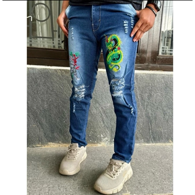 celana soft jeans panjang bordir naga dan macan pembawa hoki celana panjang bordir premium