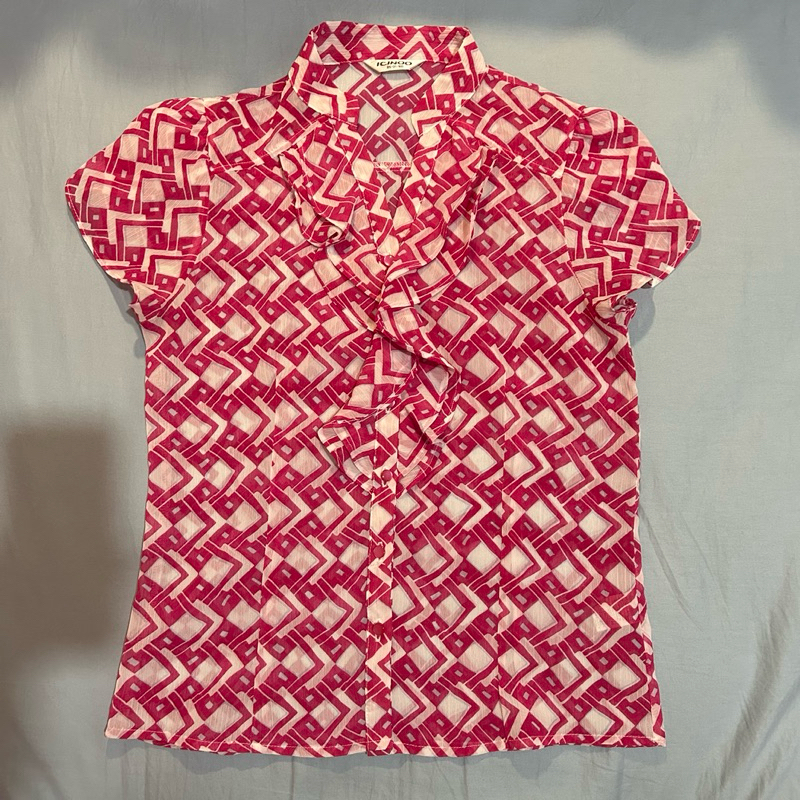 Blouse Wanita Ruffle Pink Fuschia Motif Lengan Pendek