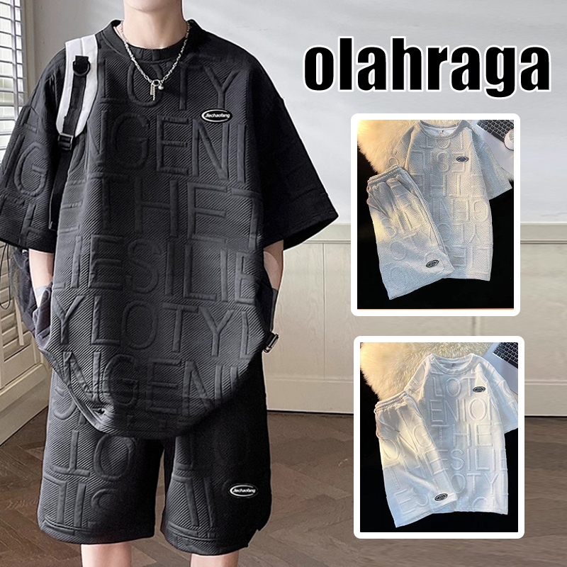 Setelan Kaos Pria One Set Gaya Korea Setelan Kaos Pria Kebesaran Pakaian Olahraga Pria Kebesaran Set