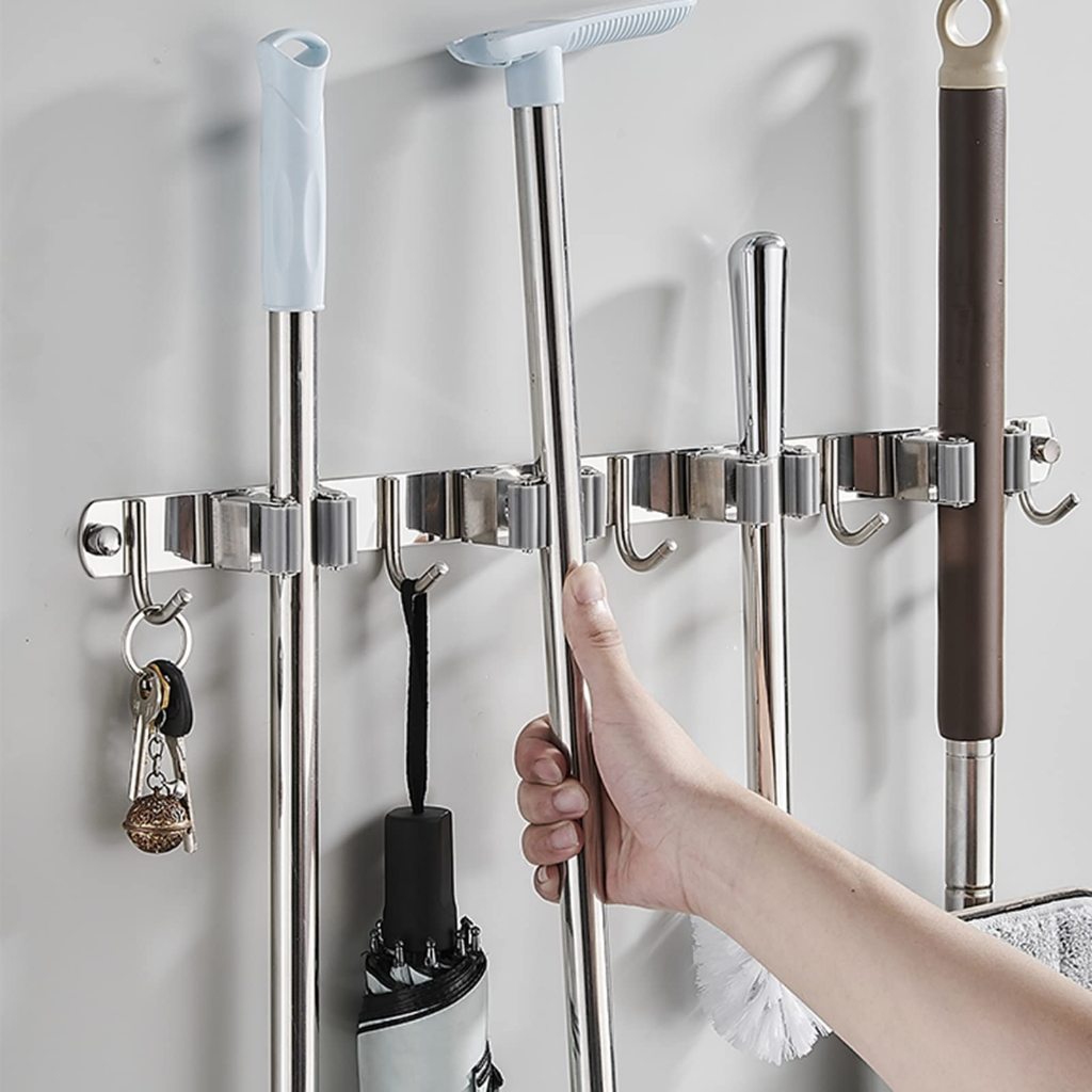 Anbolt Gantungan Sapu Pel Stainless Steel / Mop Holder Dengan Hook / Rak Pel 5 Kait 4 Penjepit / Rak
