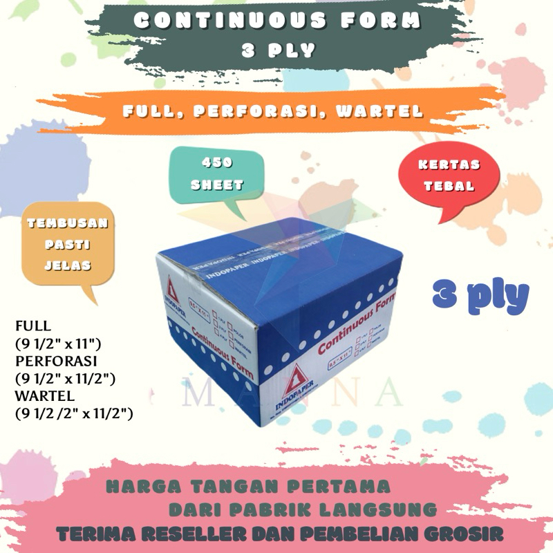 

Continuous Form 3 ply FULL PERFORASI WARTEL NCR Putih Merah Kuning 63 GSM merk Indopaper