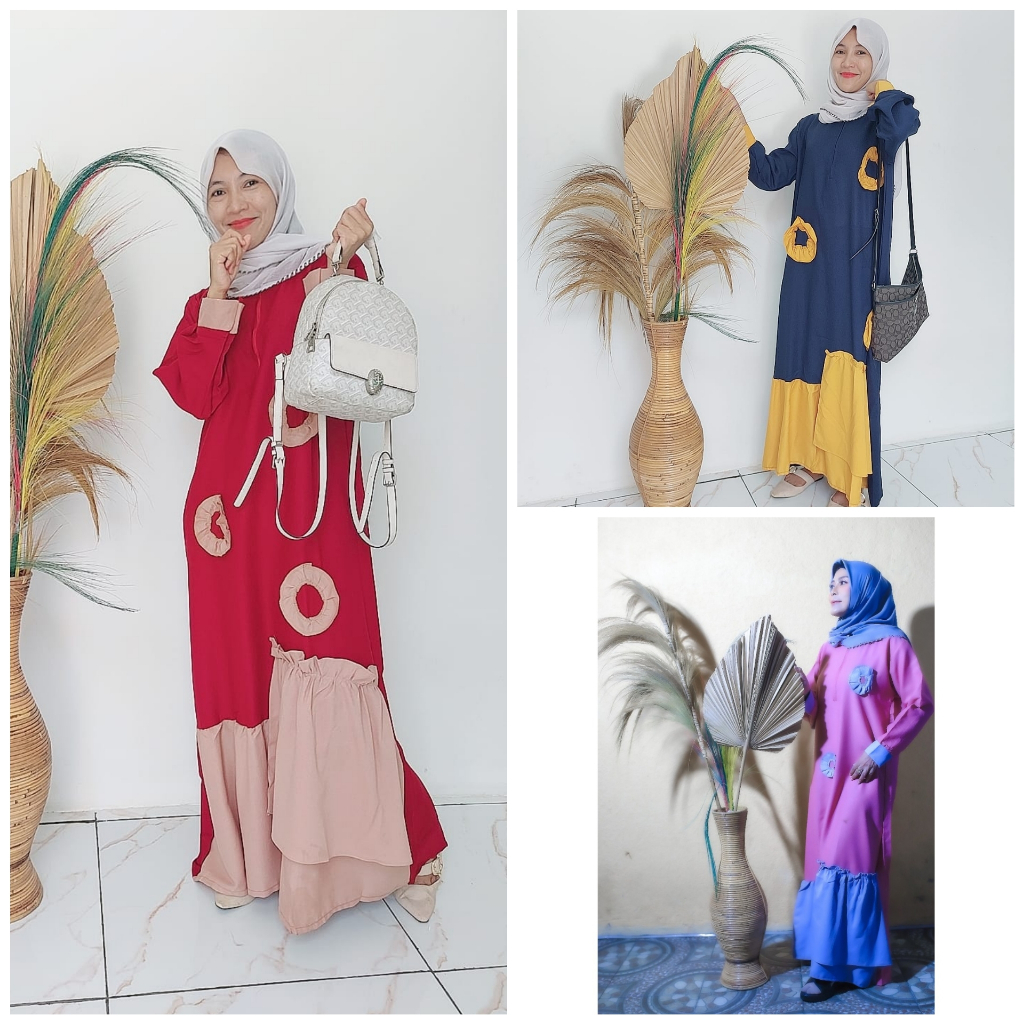 Baju Muslim Dress Abaya Gamis Premium Bunga Flower Rampel Bahan toyobo Tebal Adem by Denzer