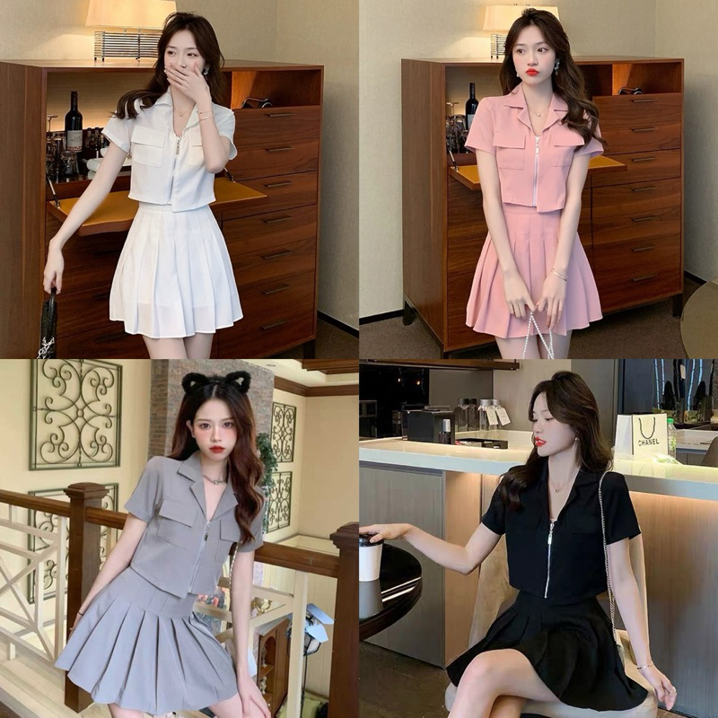 SET1027 VINNIE KOREAN STYLE VINTAGE SETELAN MINI ROK SIMPLE POLOS