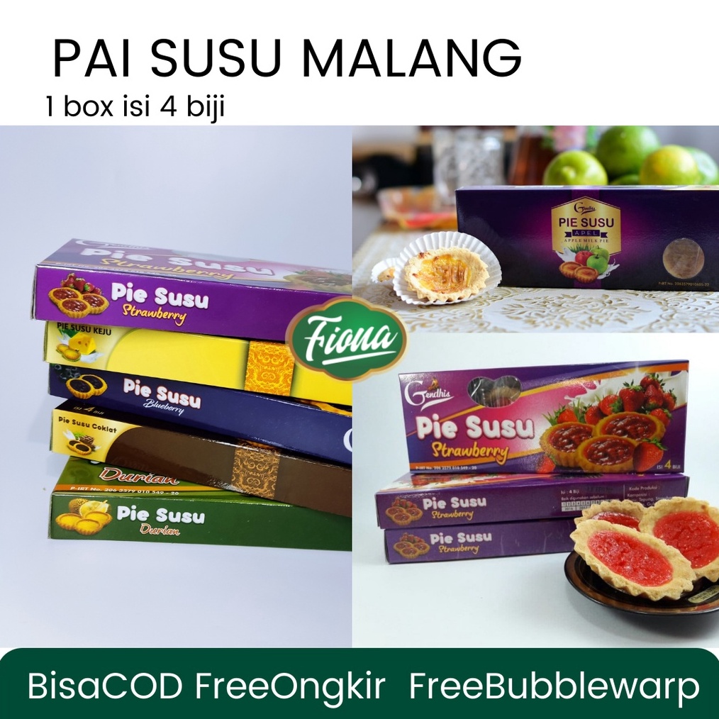 

TREND Fiona Pie Pai Susu Durian Apel Strawberry Coklat oleholeh Khas Malang 1 pack isi 4 biji