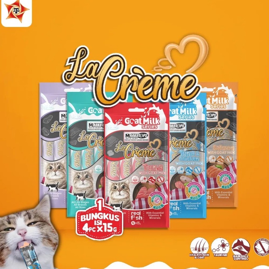 Ready Bermutu  Markotop Creamy isi 4x15 gram  Snack Kucing Markotops La Creme Goat Milk  Cat Treats 