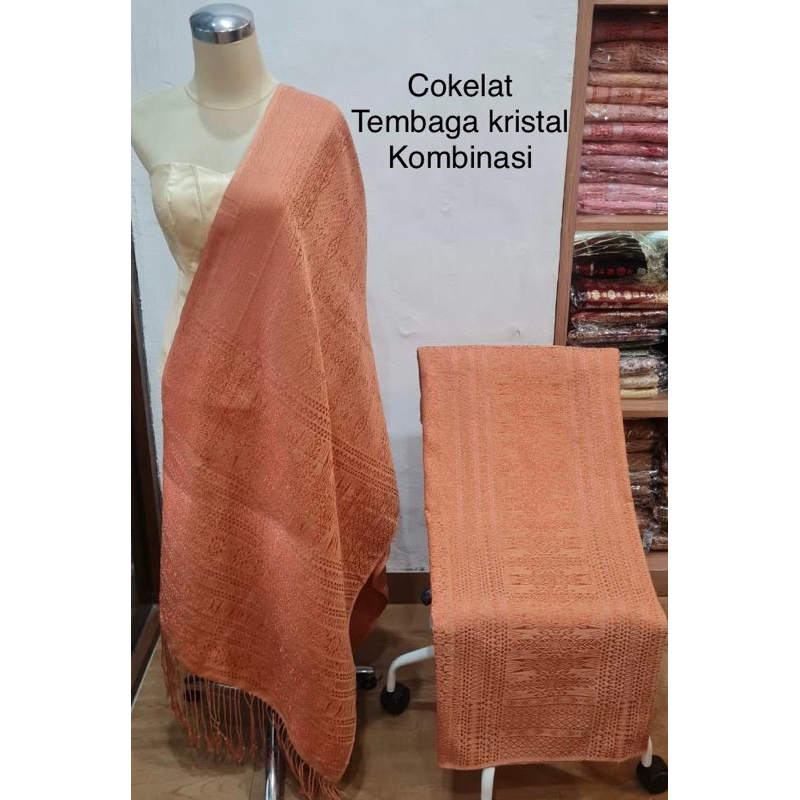 Songket Tumtuman Tenun Asli Tangan Tanpa Sambungan Semii Bemberg Warna Biru Coklat Kombinasi