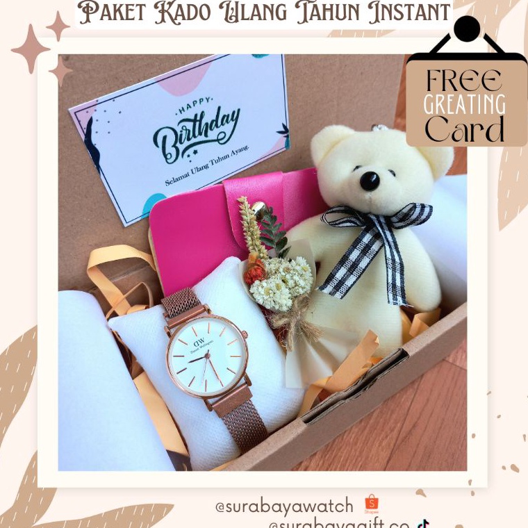 KODE I65U HEMAT MANIS PAKET HAMPERS ULANG TAHUN CEWEK GIFT BOX WISUDA MINI jam tangan rantai pasir h