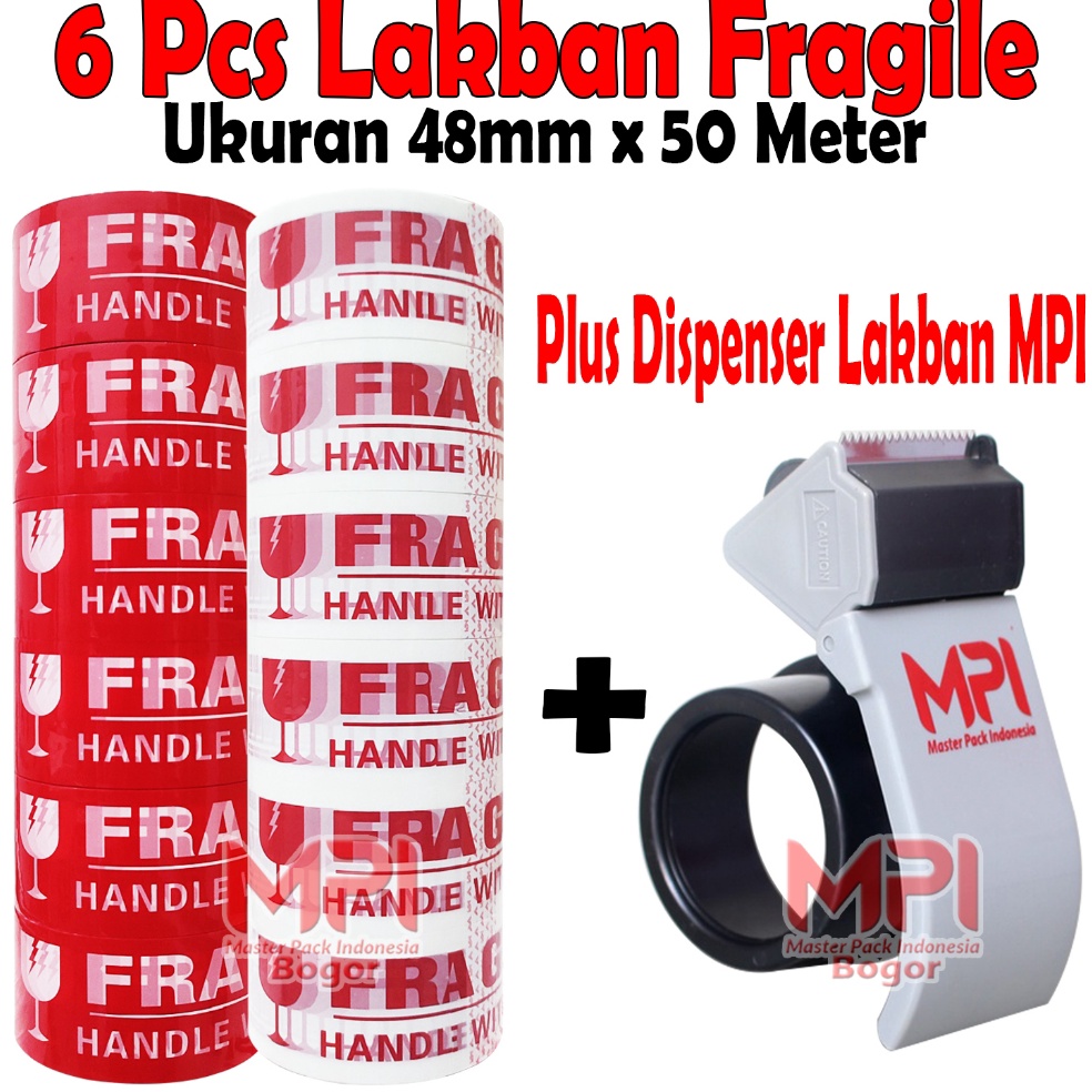 

6 PCS Lakban Fragile Merah Fragile Putih MPI 48 mm x 5 yard Dispenser Lakban MPI l G7U6
