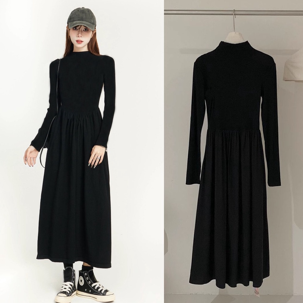Smocked dress Korean long dresscasul dress hitamDress Maxi turtleneck Polos bigsizedress muslim 224 