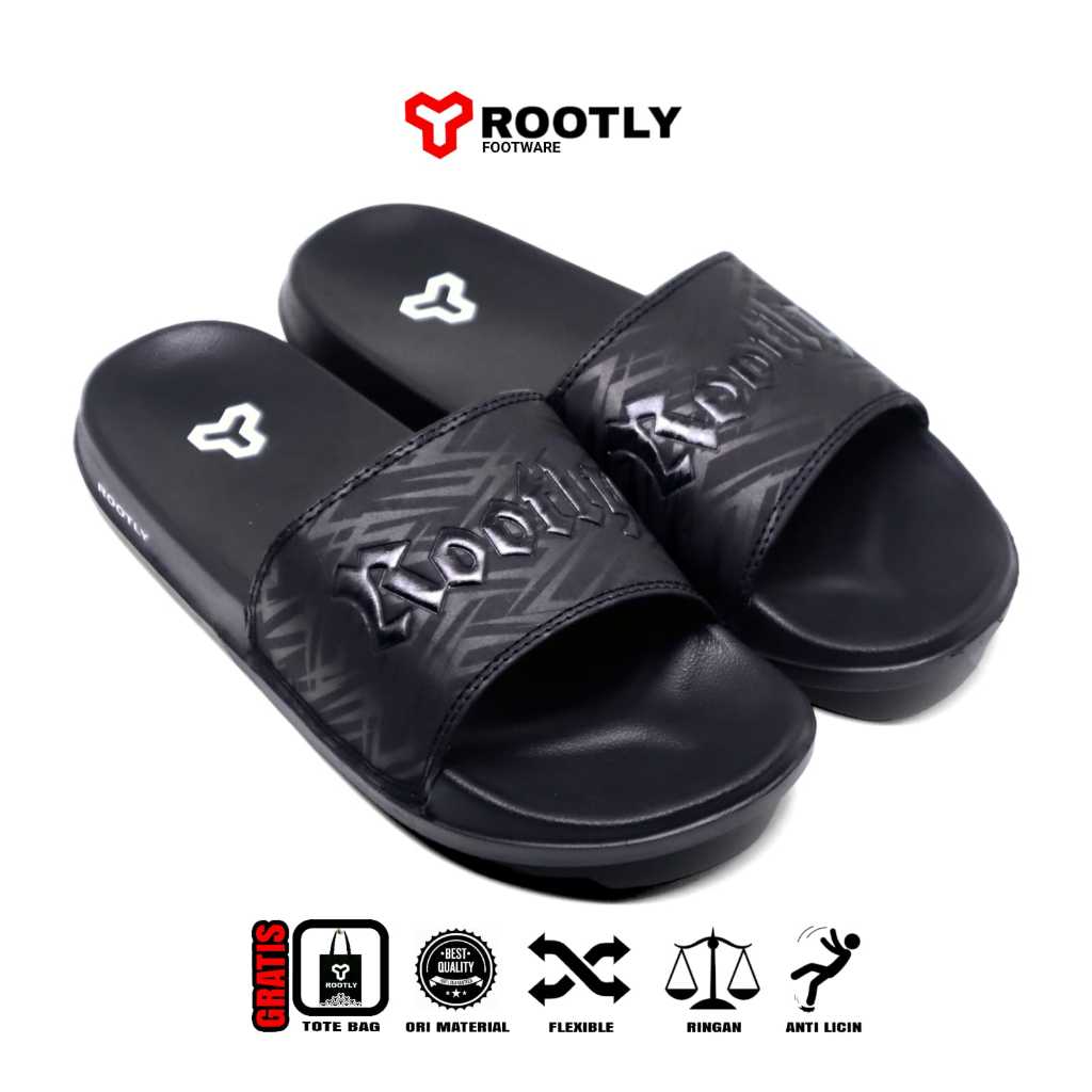 Rootly - Sandal Slide Wanita Pria dan junior Cr Simple Black 33-44