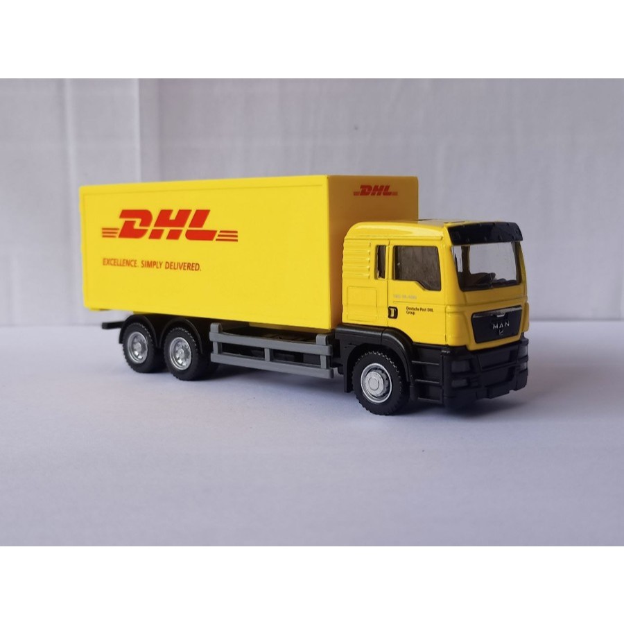 Miniatur Truk DHL Excellence Simply Delivered RMZ miniatur mobil truk Diecast Head Truck Scania V8 R